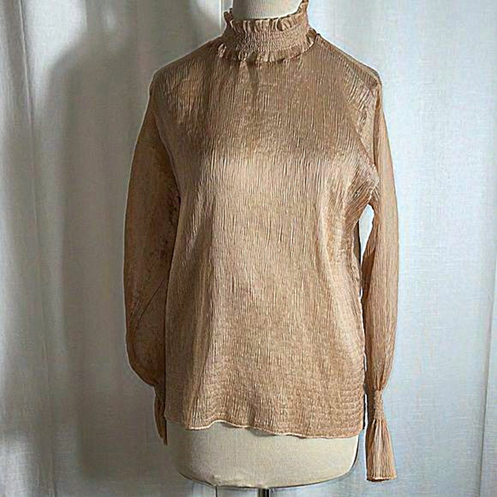 OAK + FORT Tan mock Neck Standing Collar Lace Blouse size medium